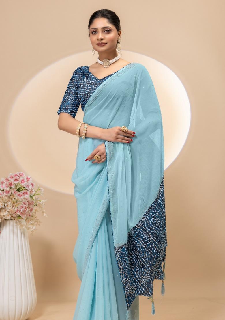 Sky Blue Siroski Work Silk Saree Set - Indya