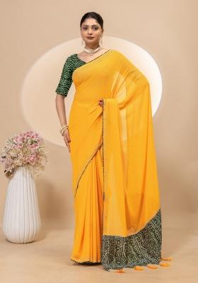 Yellow Siroski Work Silk Saree Set