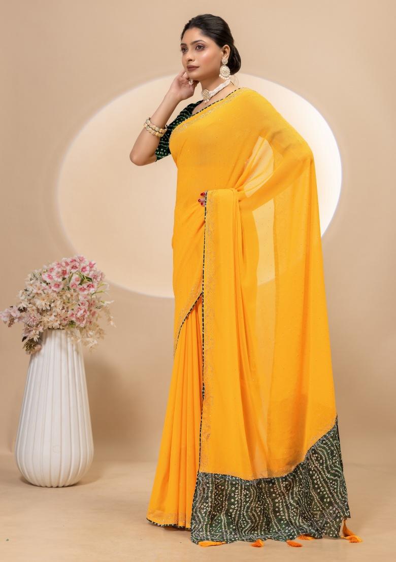 Yellow Siroski Work Silk Saree Set - Indya