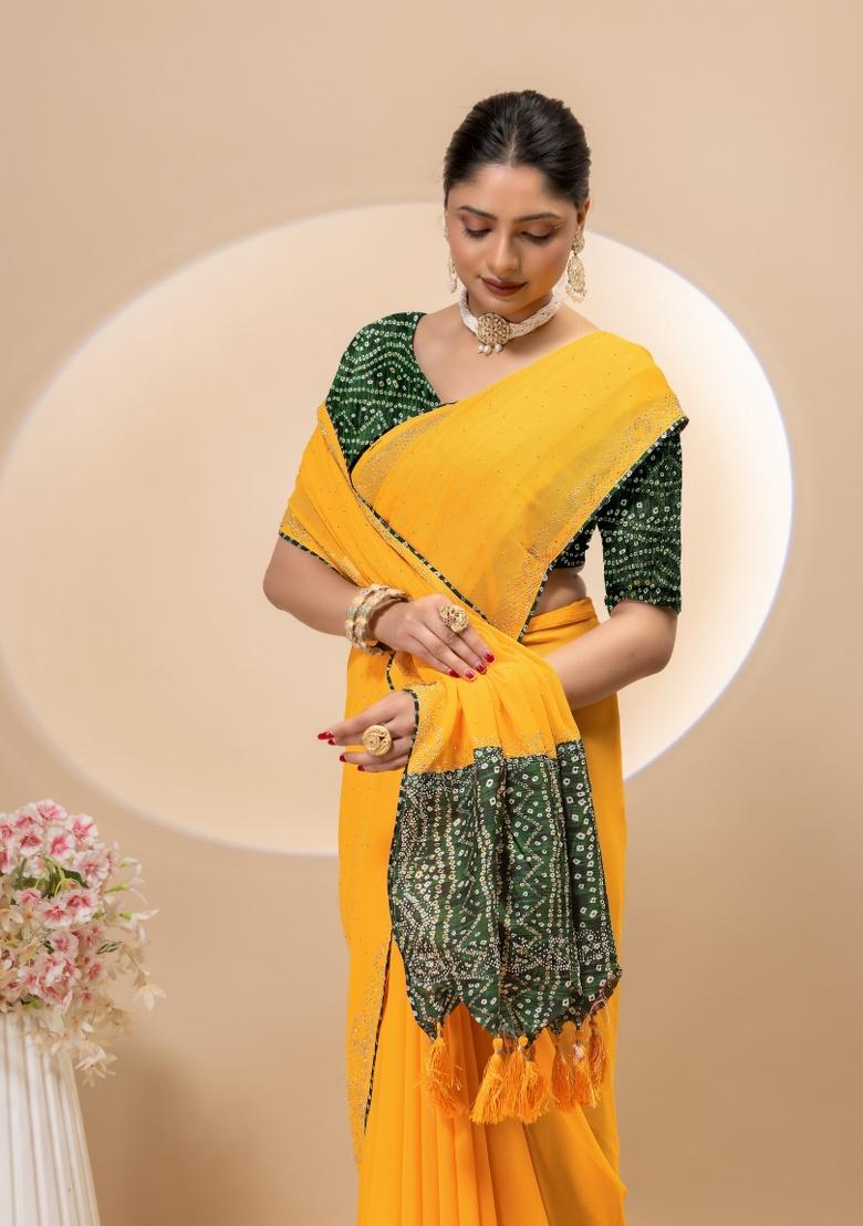 Yellow Siroski Work Silk Saree Set - Indya