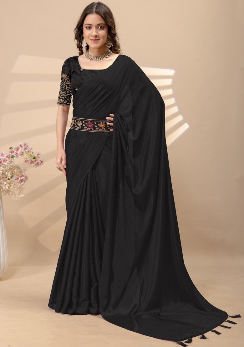 Black Embroidery Silk Saree Set - Indya