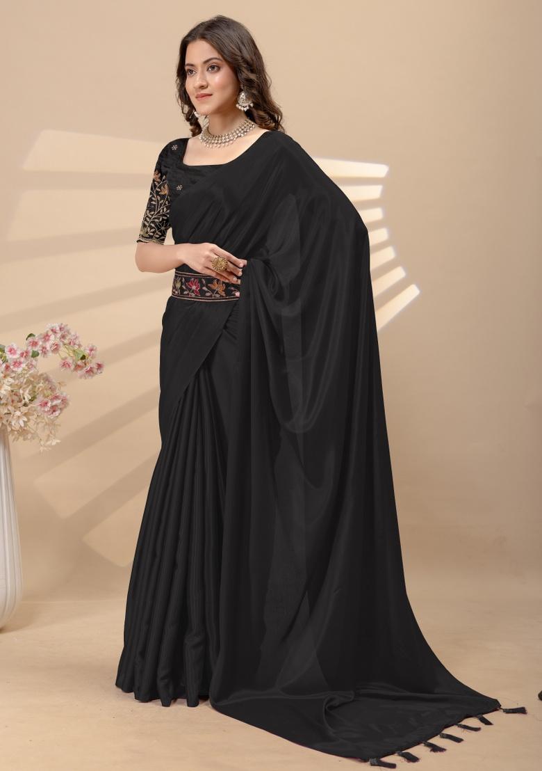 Black Embroidery Silk Saree Set - Indya