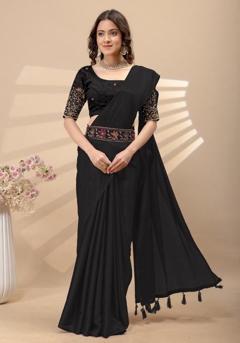 Black Embroidery Silk Saree Set