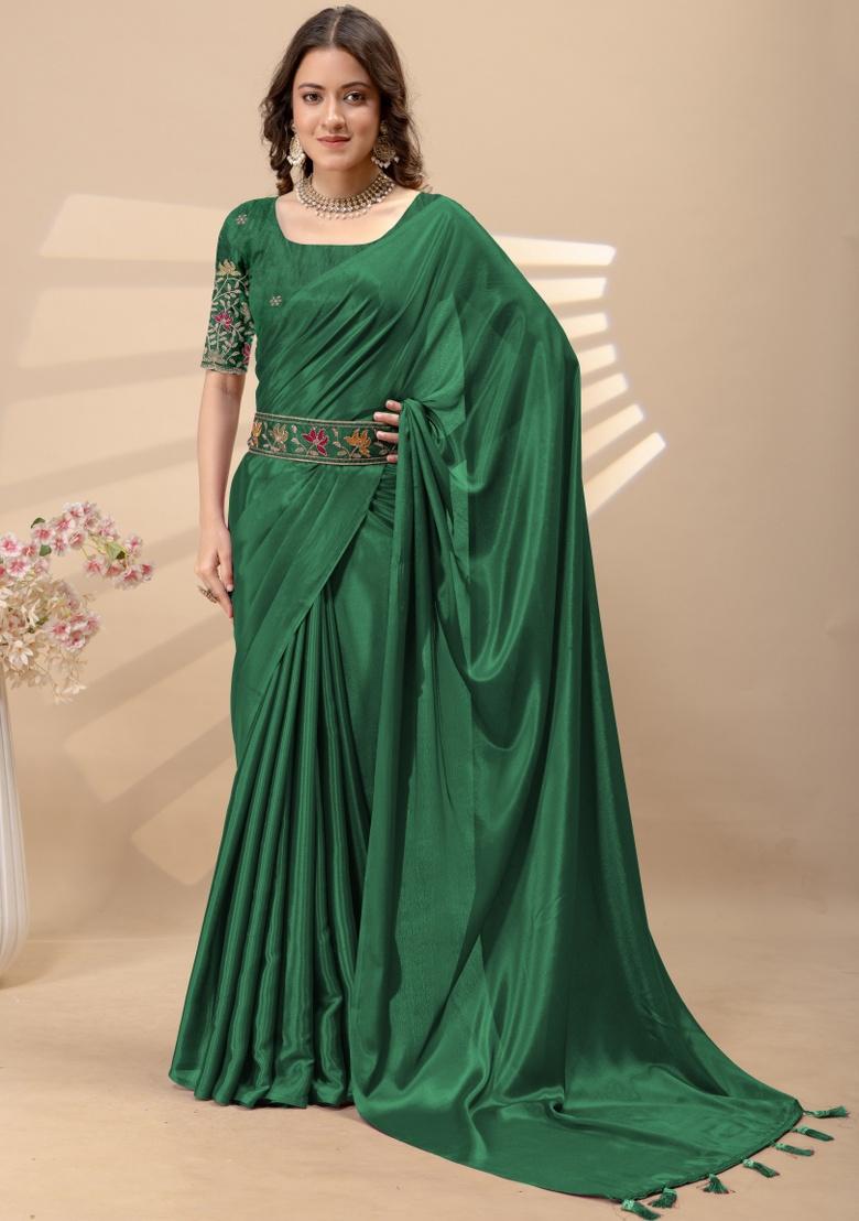 Green Embroidery Silk Saree Set - Indya