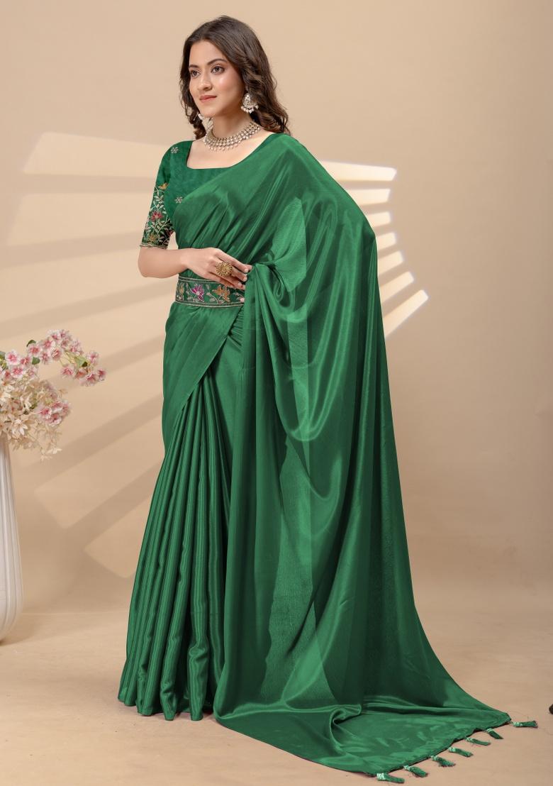 Green Embroidery Silk Saree Set - Indya
