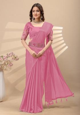 Pink Embroidery Silk Saree Set