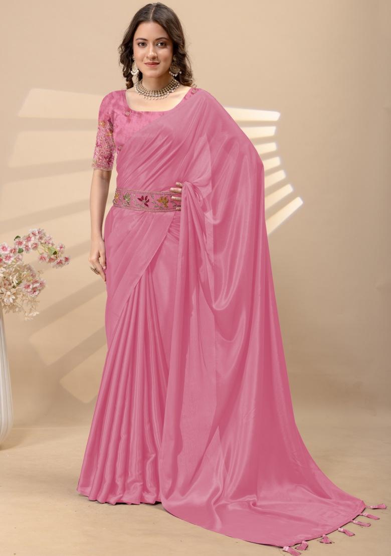 Pink Embroidery Silk Saree Set - Indya
