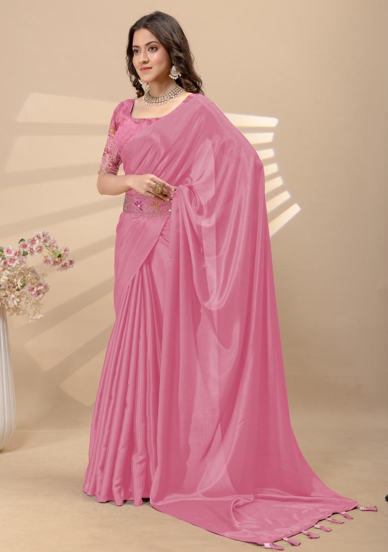 Pink Embroidery Silk Saree Set - Indya