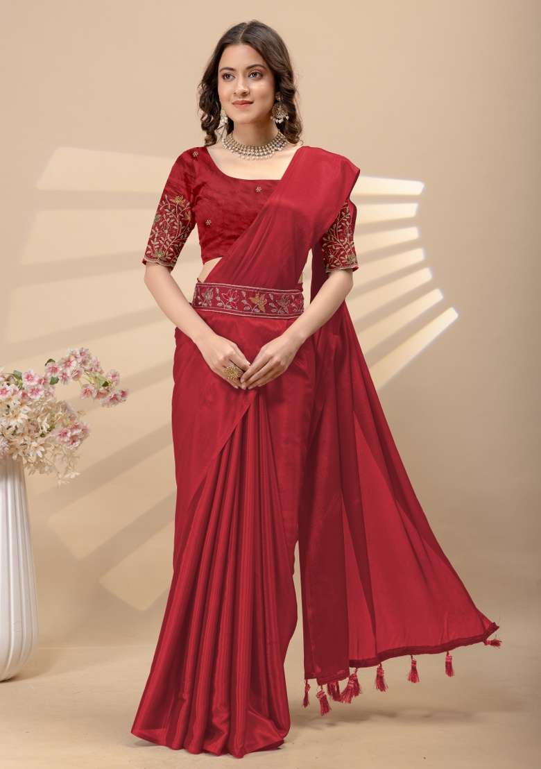 Red Embroidery Silk Saree Set - Indya