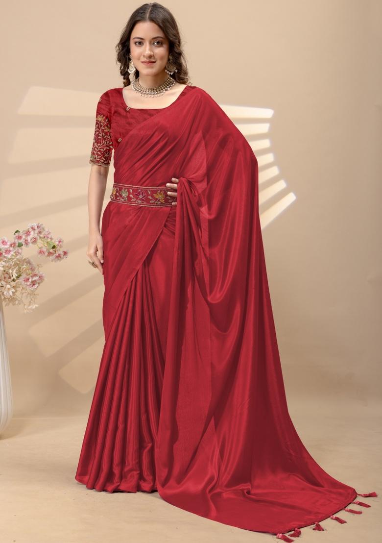 Red Embroidery Silk Saree Set - Indya