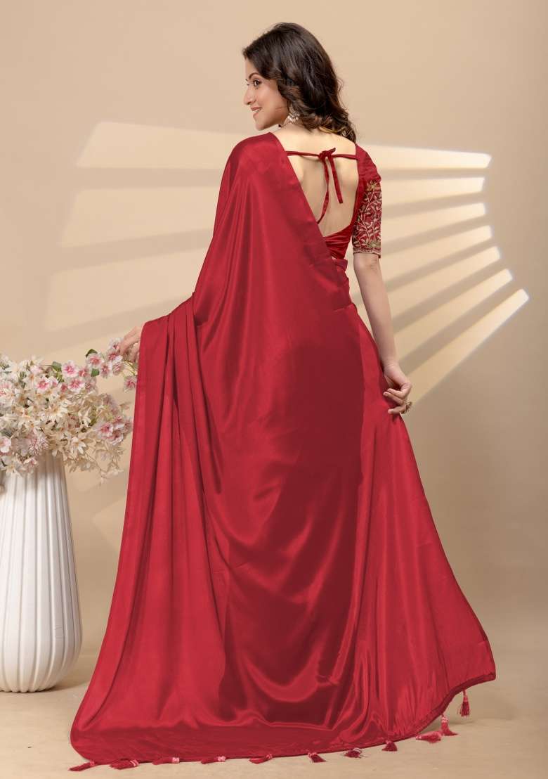 Red Embroidery Silk Saree Set - Indya