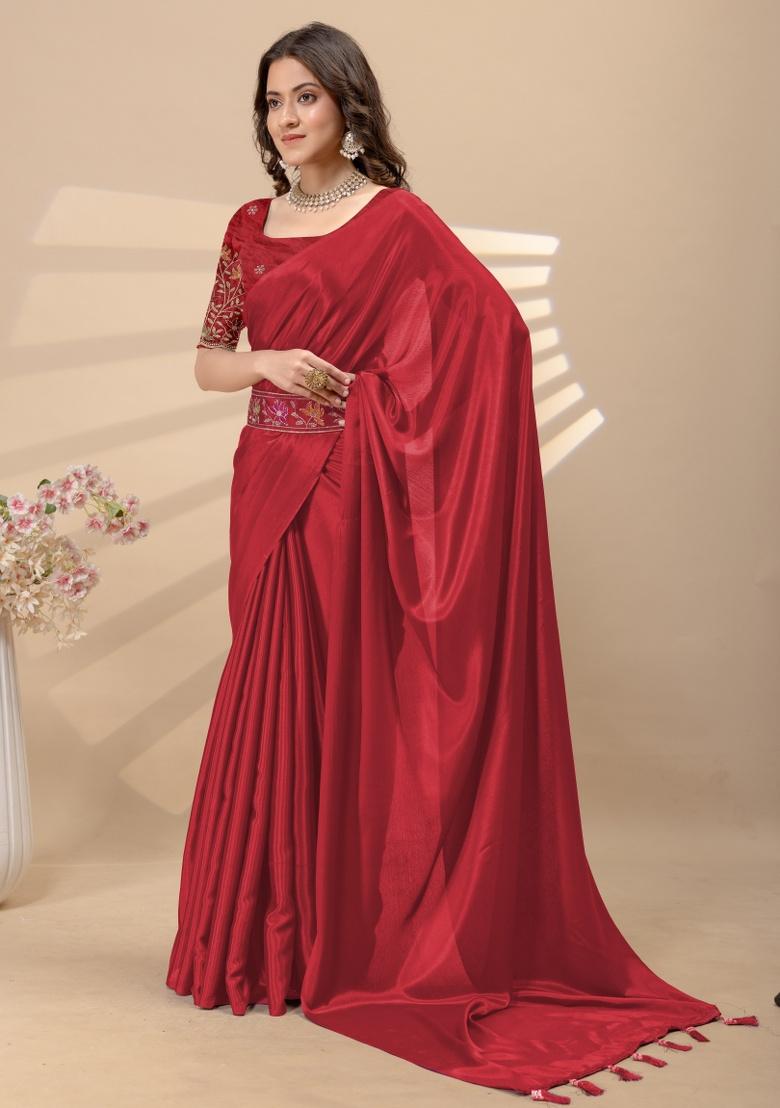 Red Embroidery Silk Saree Set - Indya