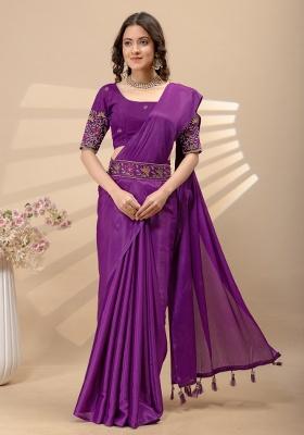 Wine Embroidery Silk Saree Set