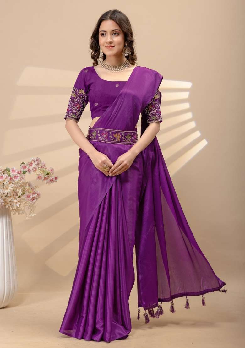Wine Embroidery Silk Saree Set - Indya