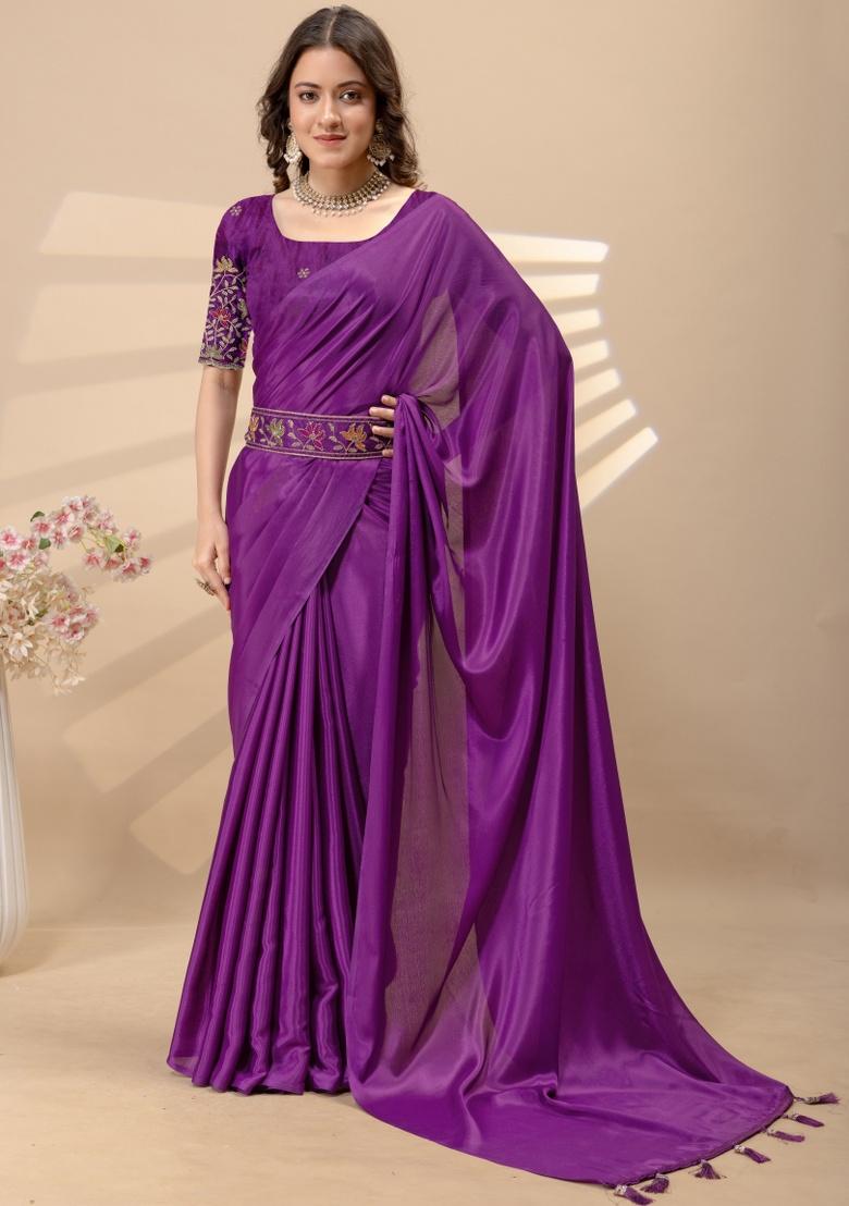 Wine Embroidery Silk Saree Set - Indya