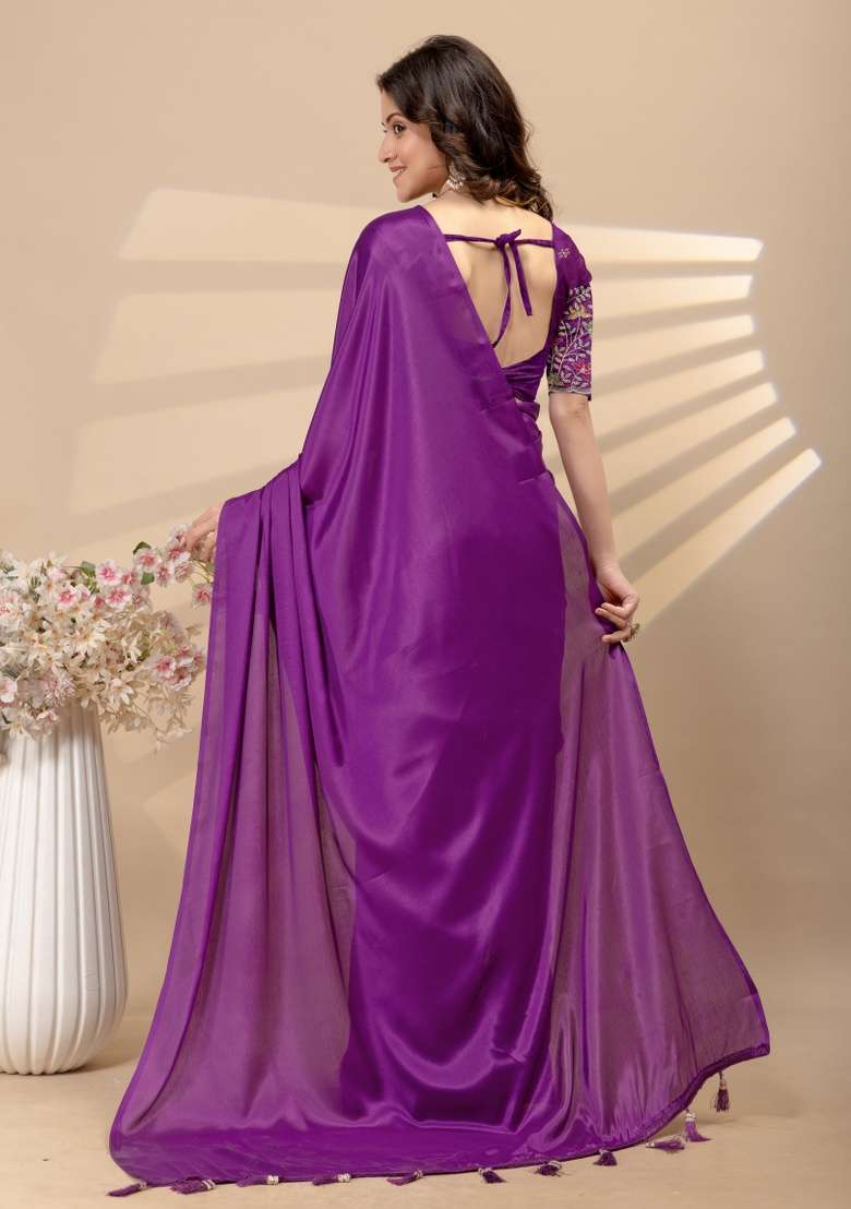 Wine Embroidery Silk Saree Set - Indya