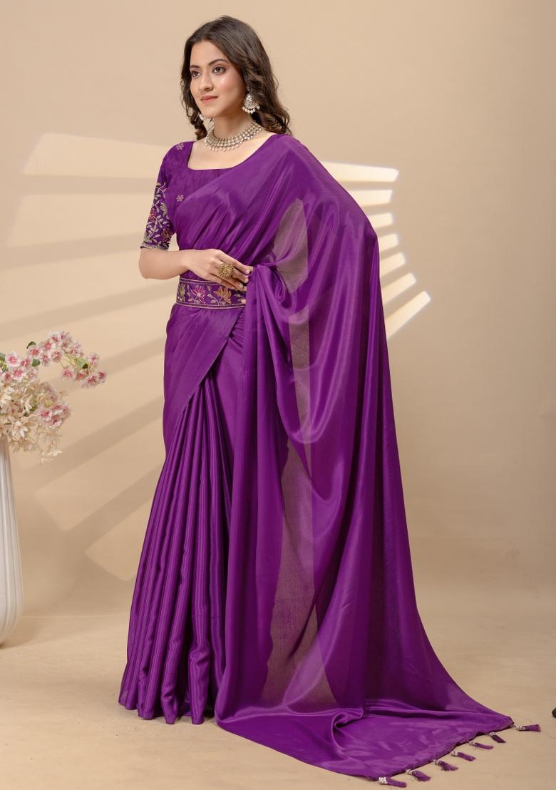 Wine Embroidery Silk Saree Set - Indya