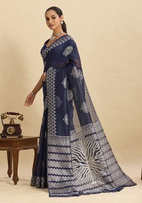 Navy Blue Floral Print Silk Saree Set