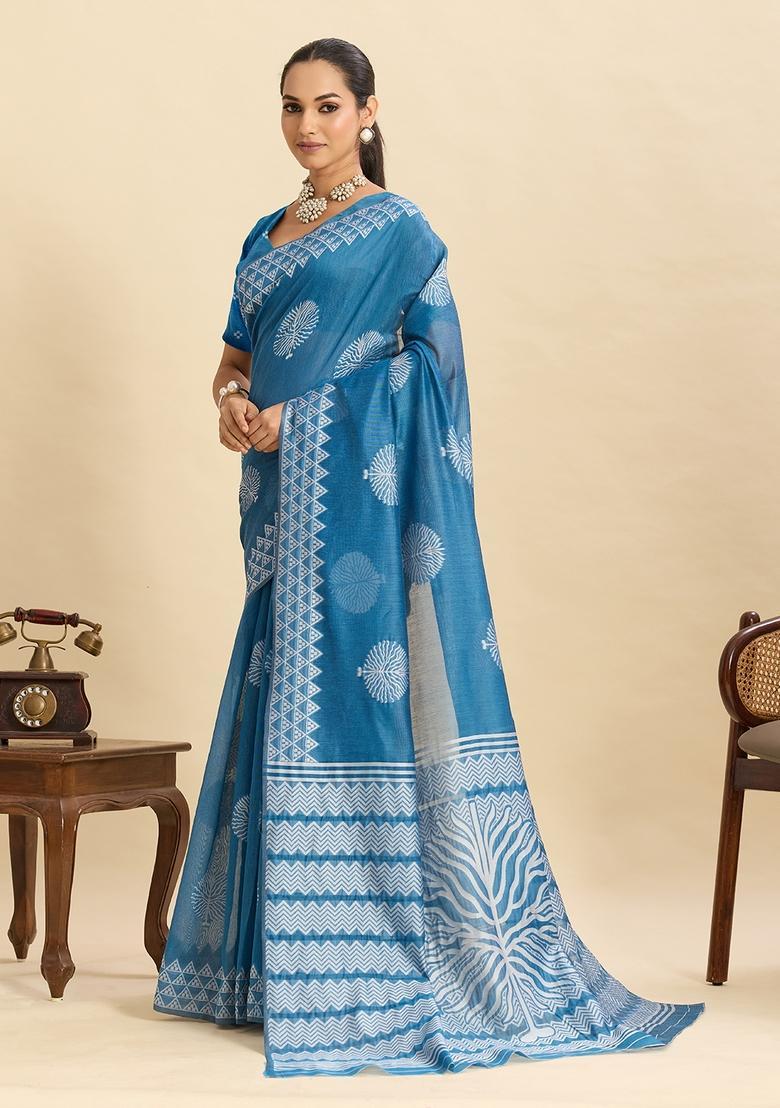 Sky Blue Floral Print Silk Saree Set - Indya