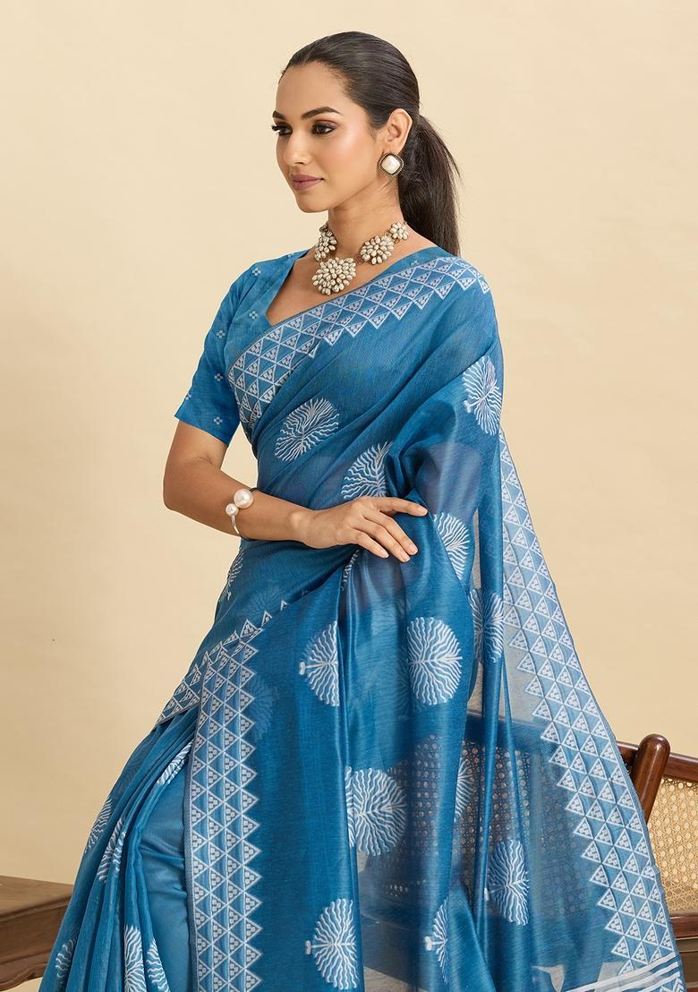 Sky Blue Floral Print Silk Saree Set - Indya