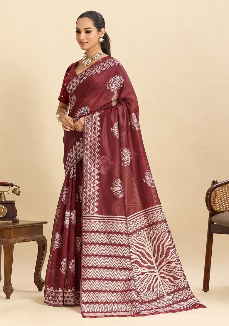 Brown Floral Print Silk Saree Set - Indya