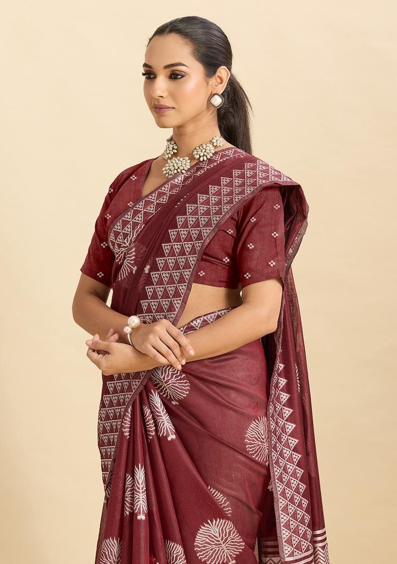 Brown Floral Print Silk Saree Set - Indya