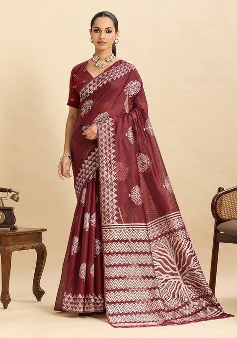 Brown Floral Print Silk Saree Set