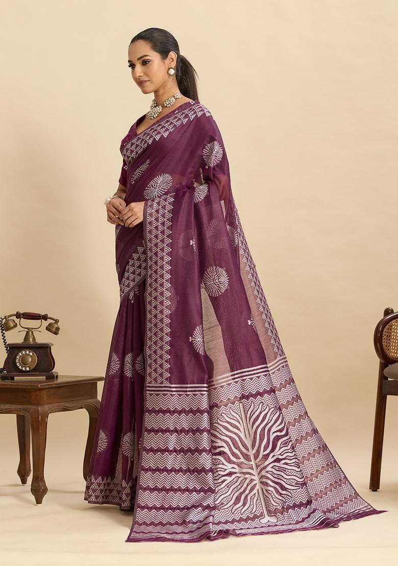 Wine Floral Print Silk Saree Set - Indya