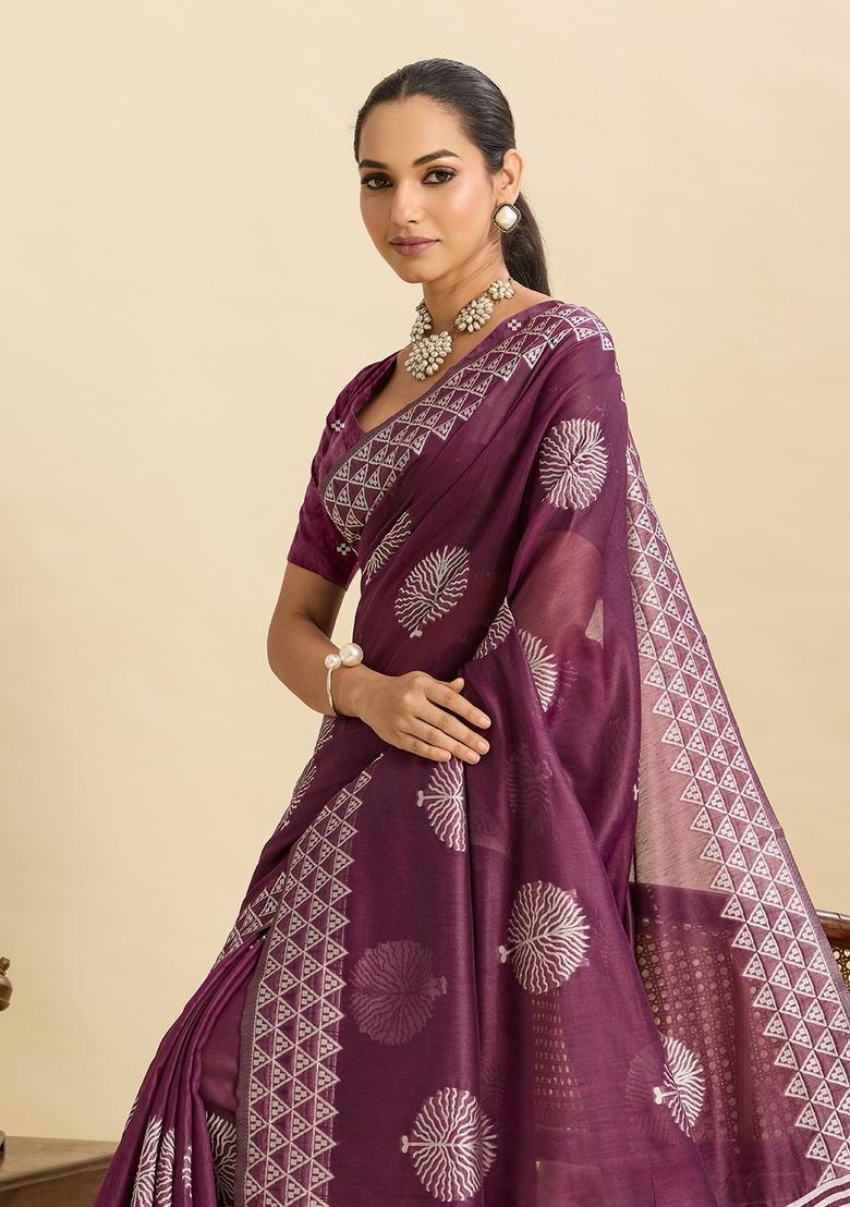 Wine Floral Print Silk Saree Set - Indya