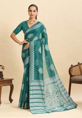 Teal Floral Print Silk Saree Set