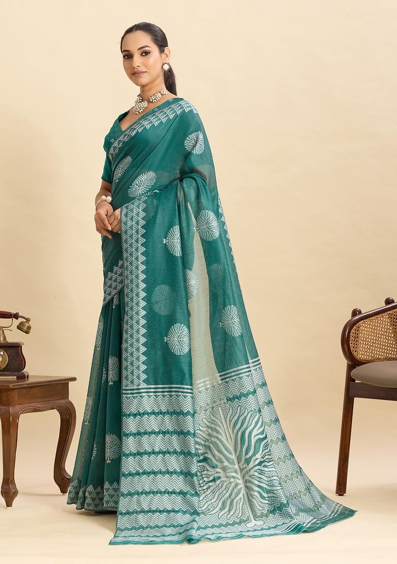Teal Floral Print Silk Saree Set - Indya
