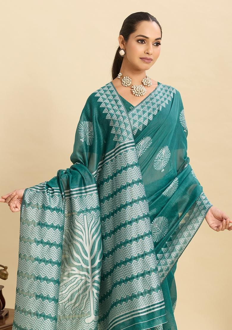 Teal Floral Print Silk Saree Set - Indya