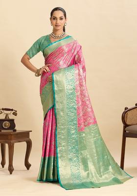 Pink Floral Print Silk Saree Set