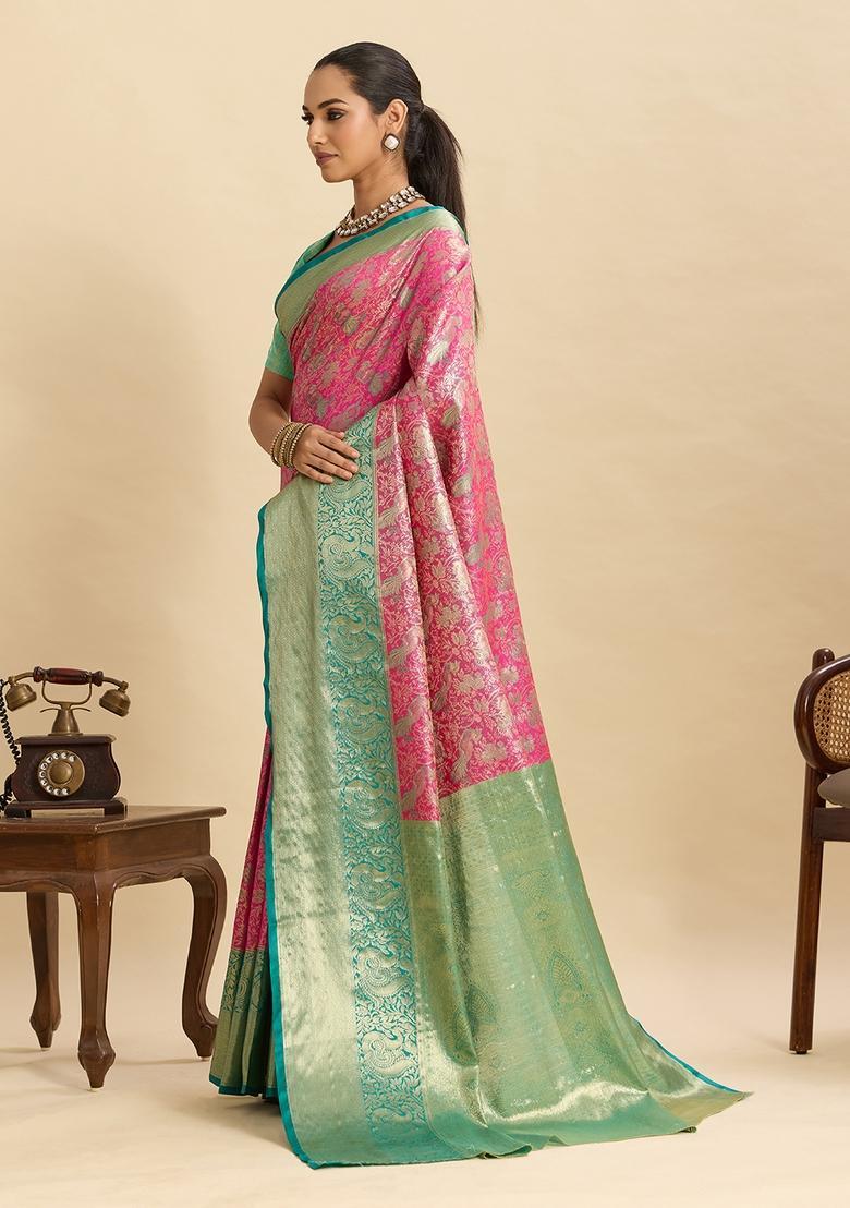 Pink Floral Print Silk Saree Set - Indya