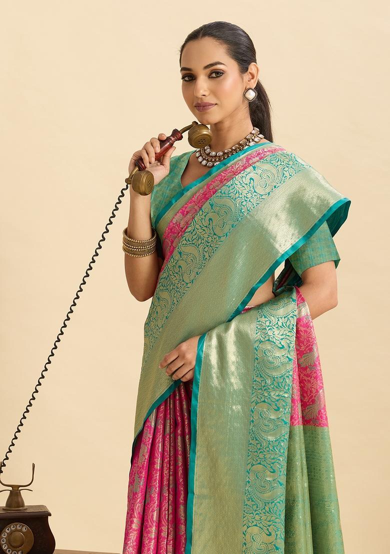 Pink Floral Print Silk Saree Set - Indya