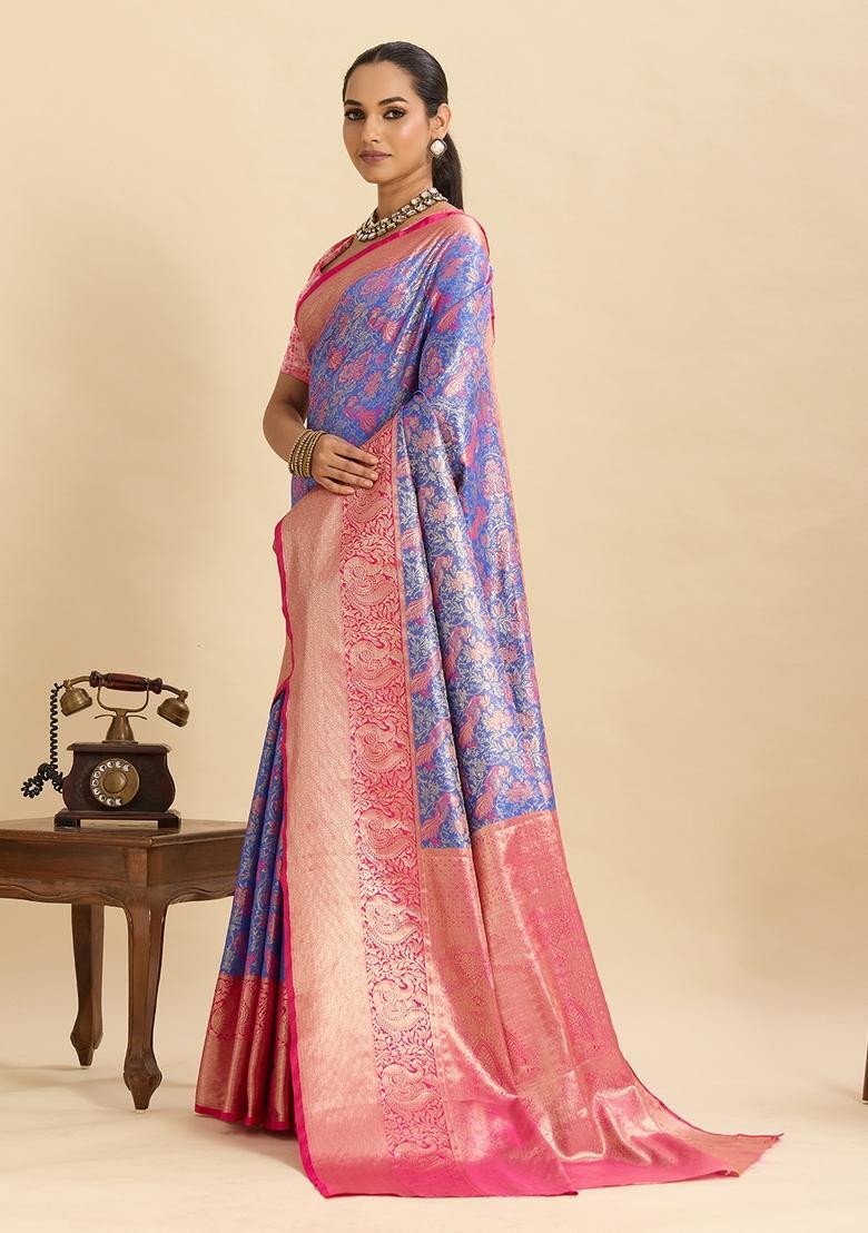 Royal Blue Floral Print Silk Saree Set - Indya