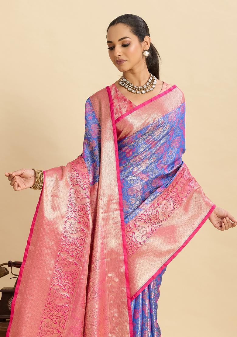 Royal Blue Floral Print Silk Saree Set - Indya