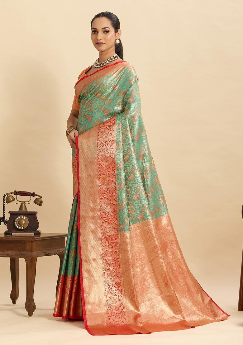 Sea Green Floral Print Silk Saree Set - Indya