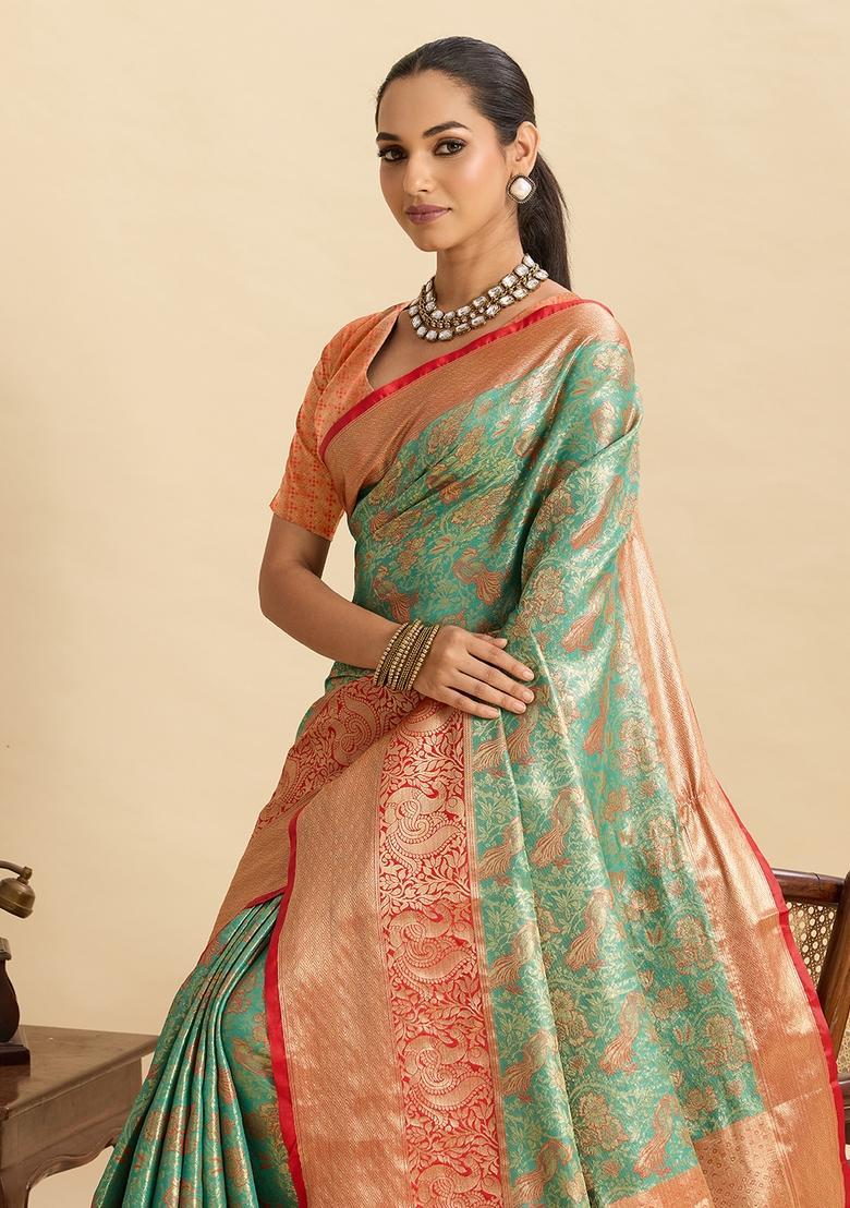 Sea Green Floral Print Silk Saree Set - Indya