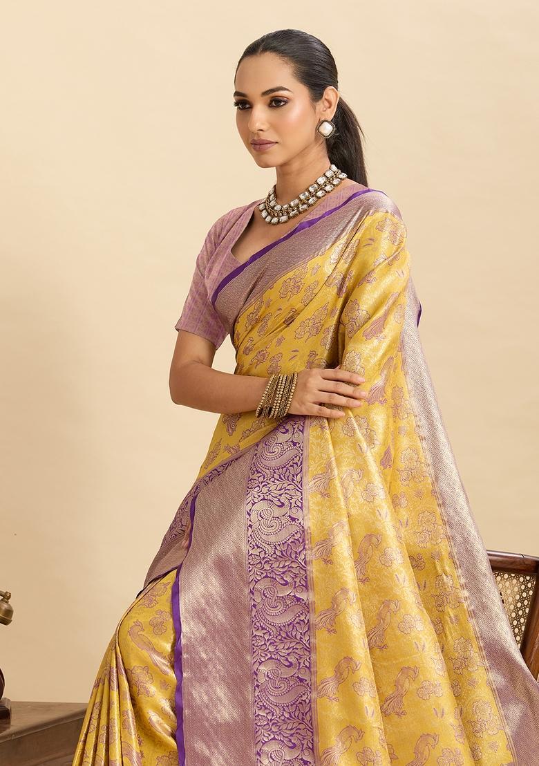 Yellow Floral Print Silk Saree Set - Indya
