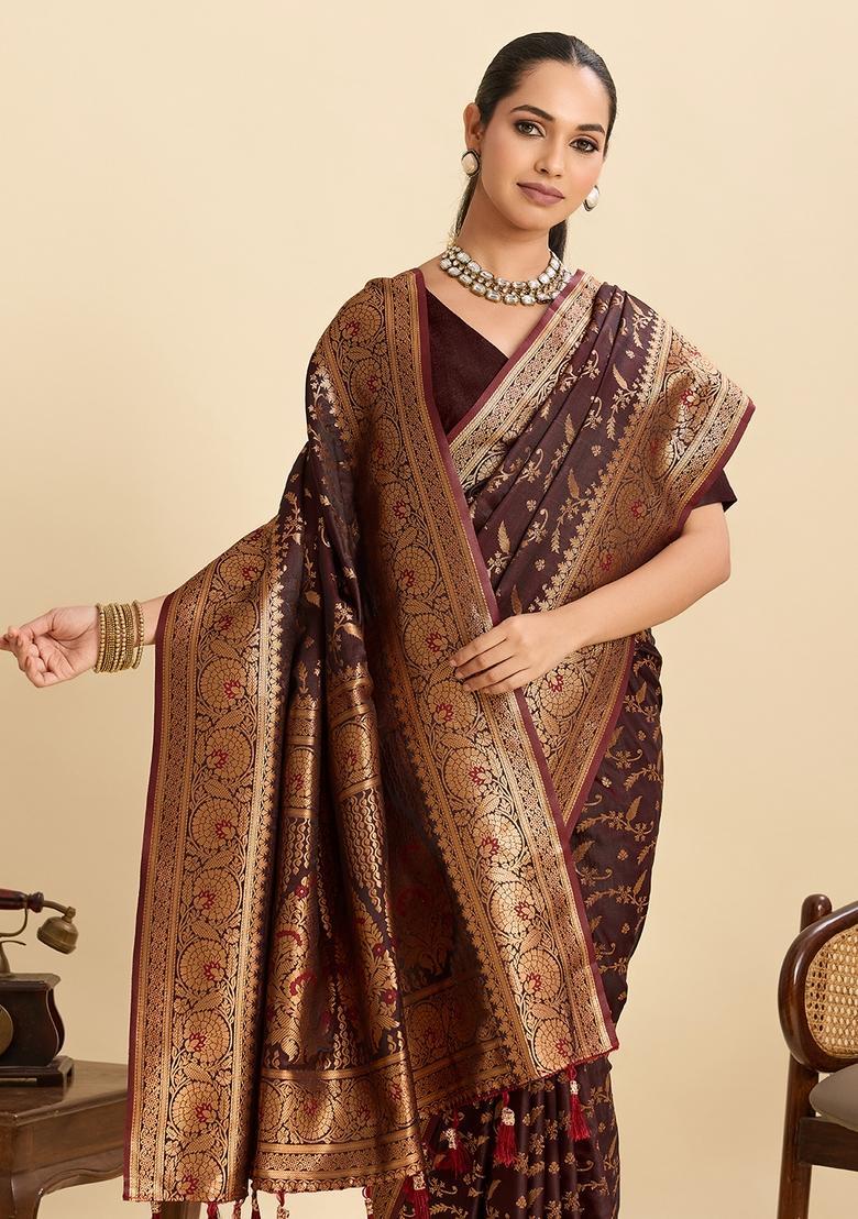 Dark Brown Paisley Silk Saree Set - Indya