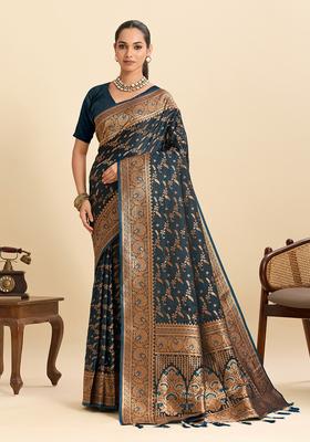 Dark Teal Paisley Silk Saree Set
