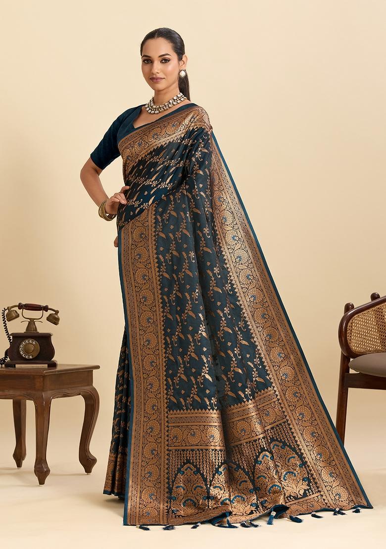 Dark Teal Paisley Silk Saree Set - Indya