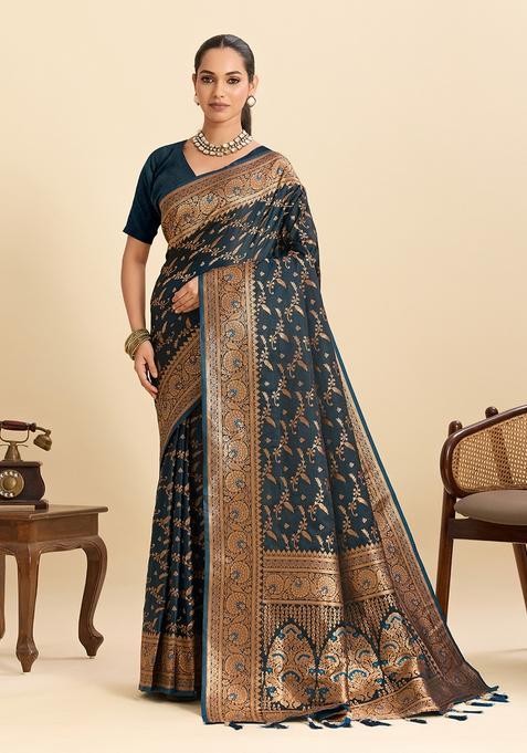 Dark Teal Paisley Silk Saree Set