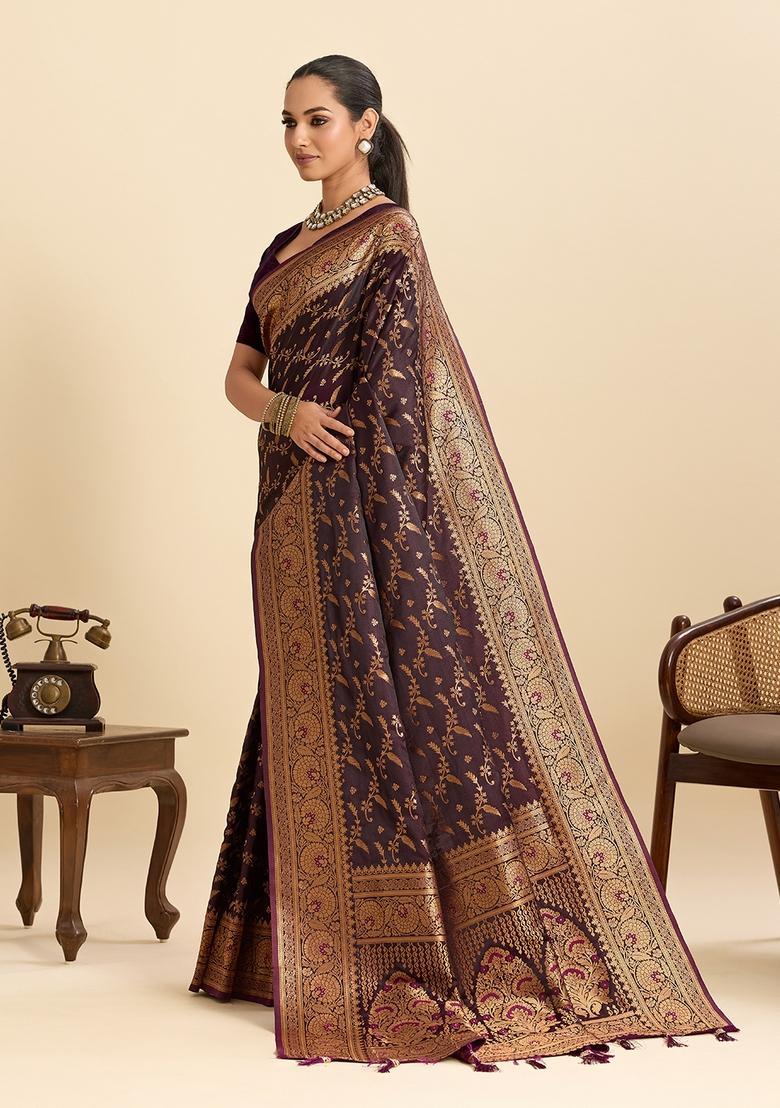 Dark Wine Paisley Silk Saree Set - Indya