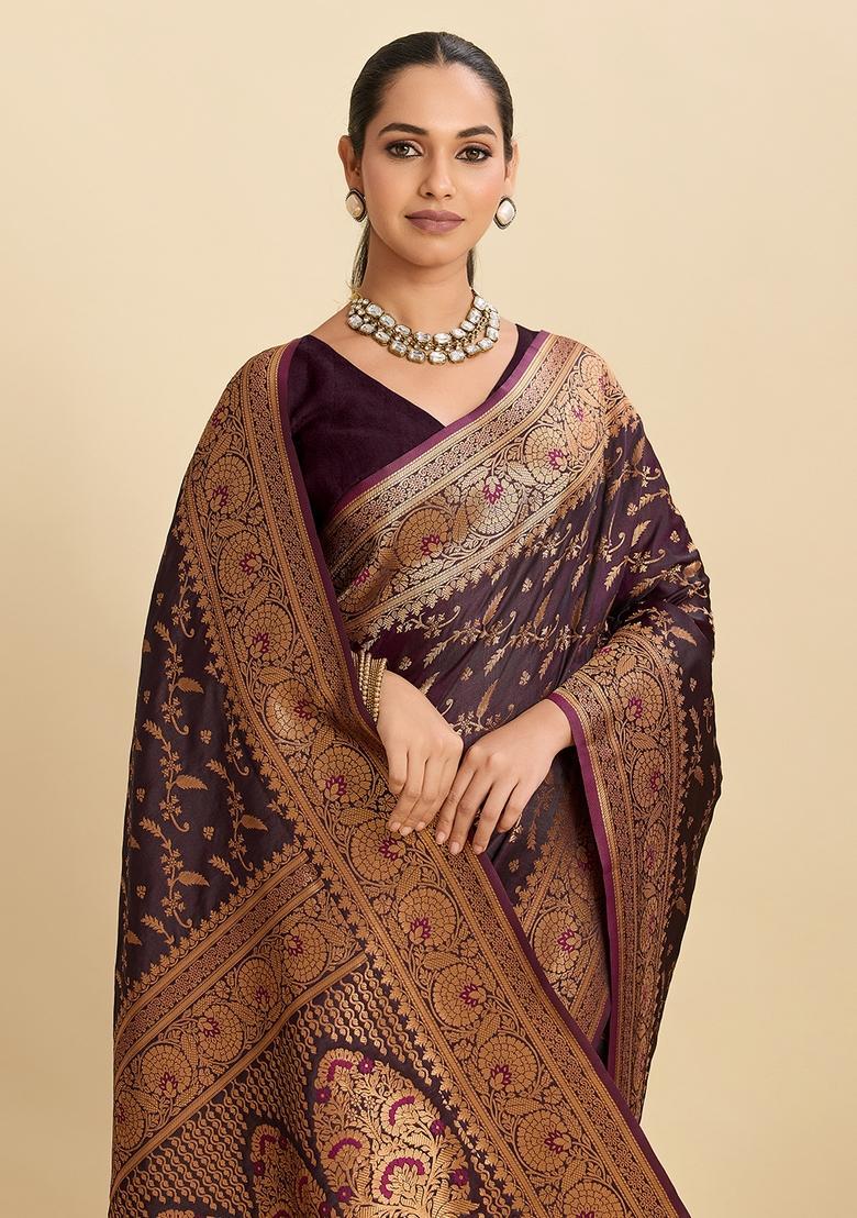 Dark Wine Paisley Silk Saree Set - Indya