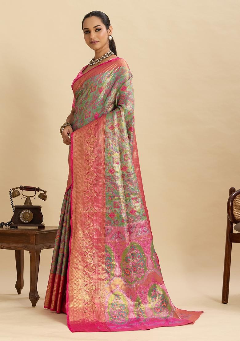 Mehendi Paisley Silk Saree Set - Indya