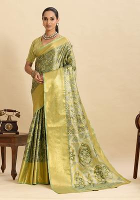 Green Paisley Silk Saree Set