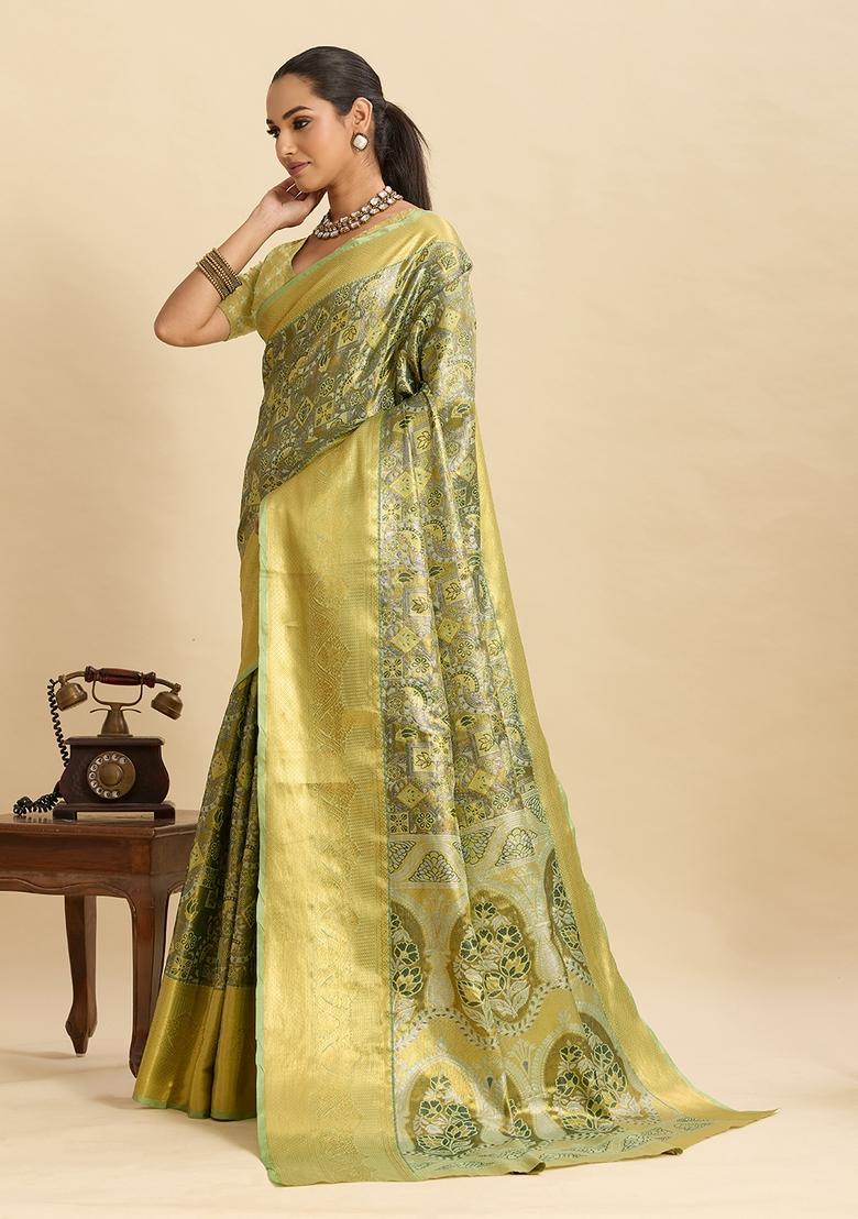 Green Paisley Silk Saree Set - Indya