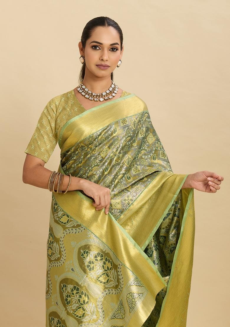Green Paisley Silk Saree Set - Indya
